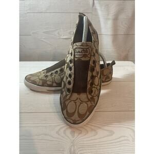 Coach Summer Slip-On Sneakers, Women's 9 1/2 B, Signature C, Canvas Khaki/Brown